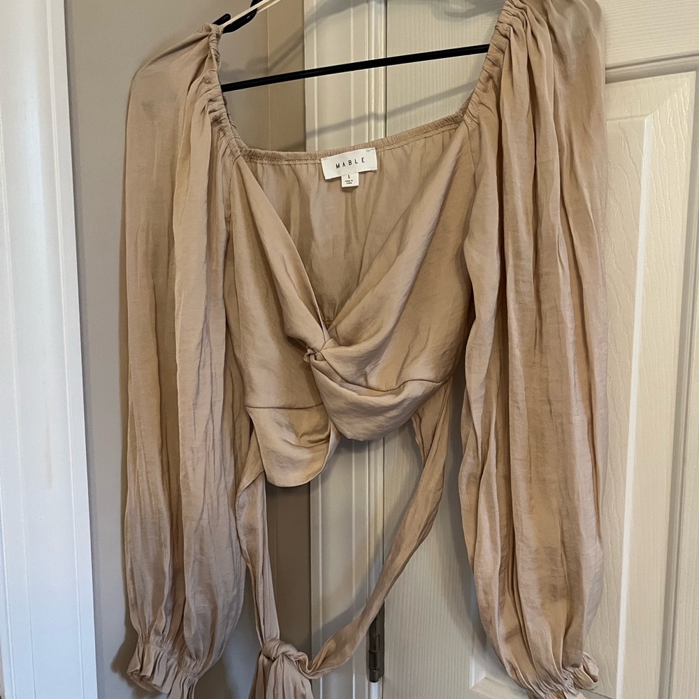 Tan Cropped Tie Back Blouse with Ruched Details